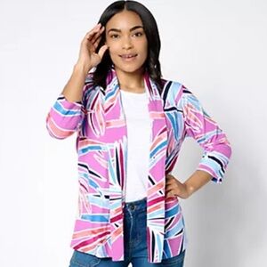 NWOT Denim & Co. Beach Printed Jersey 3/4 Sleeve Cardigan rosebud size XXS